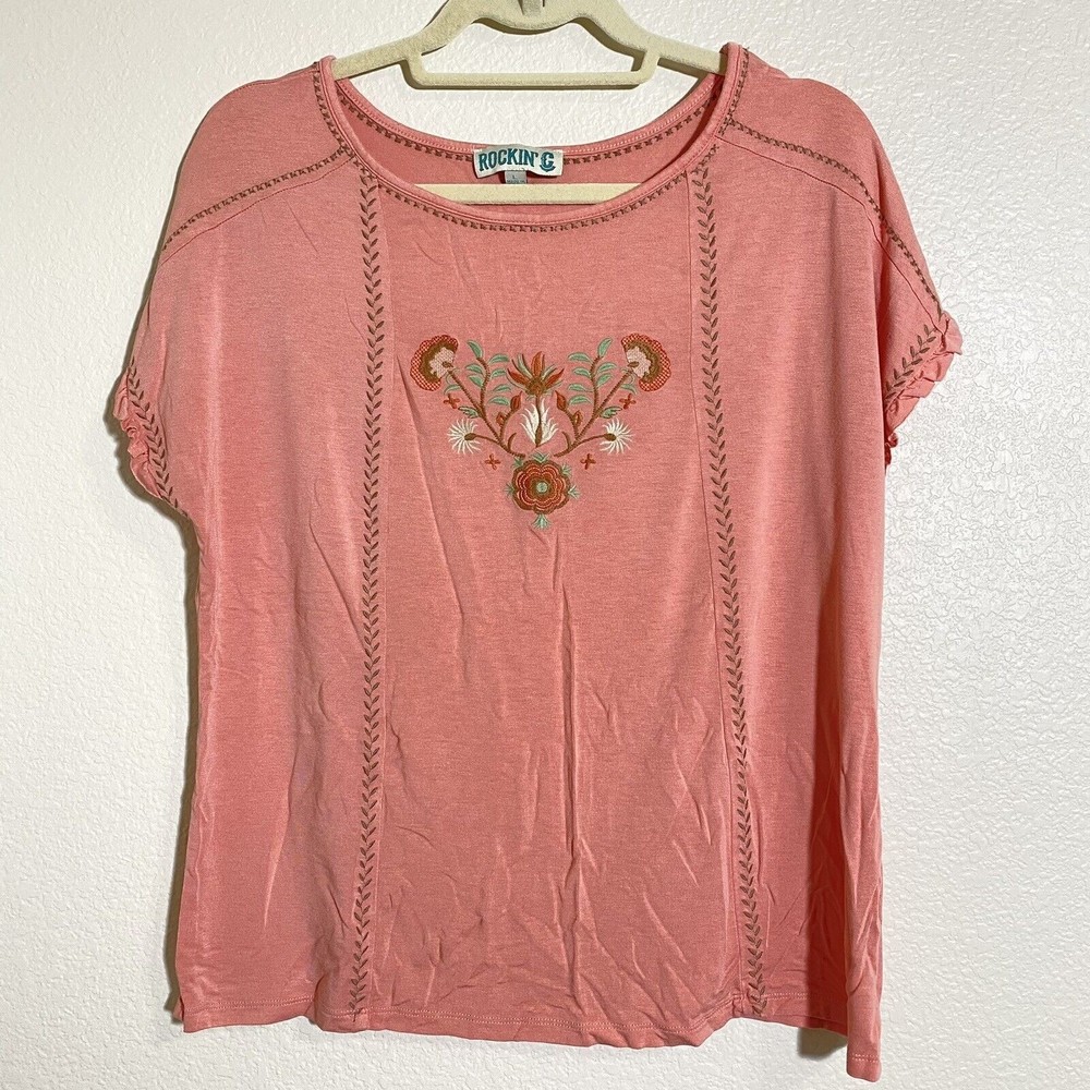 Rockin C Womens Shirt Size Large Embroidered Floral Short Sleeve